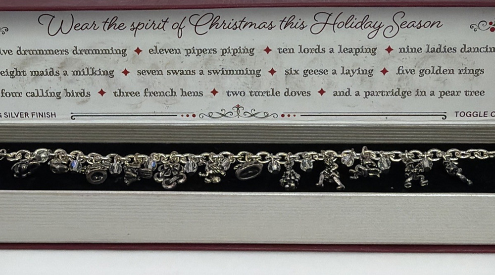 Vintage 12 Days of Christmas Charm Bracelet Silver Tone AB Beads 7.75" in Box